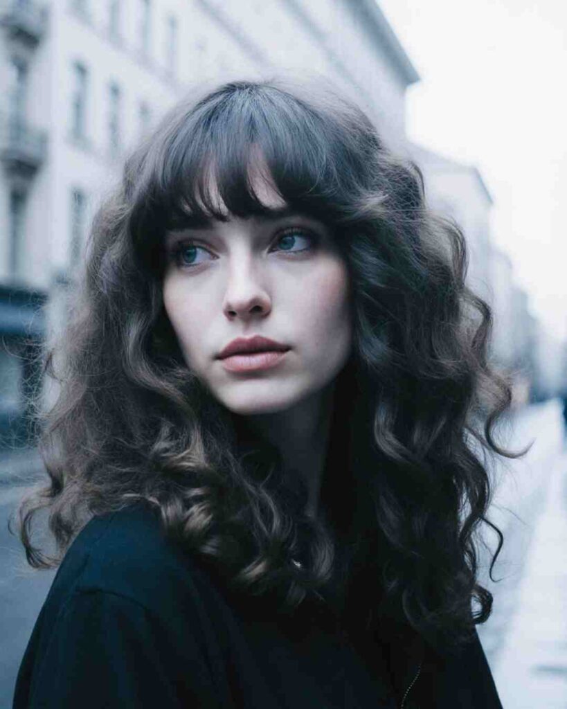 2. Long Curly Curtain Bangs